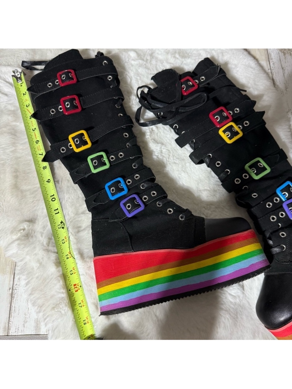 Black Platform Rainbow-Striped Knee-High Boots with Colorful Buckles - Picture 4 of 4